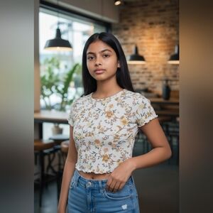 American Eagle Floral Crop Top Women’s Short‎ Sleeve Lettuce Hem Shirt Medium
